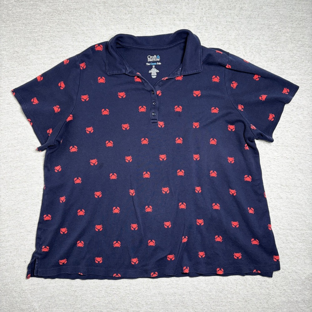 Croft & Barrow Womens Polo Shirt 3X Blue Red Crab‎ Print Short Sleeve Cotton Top